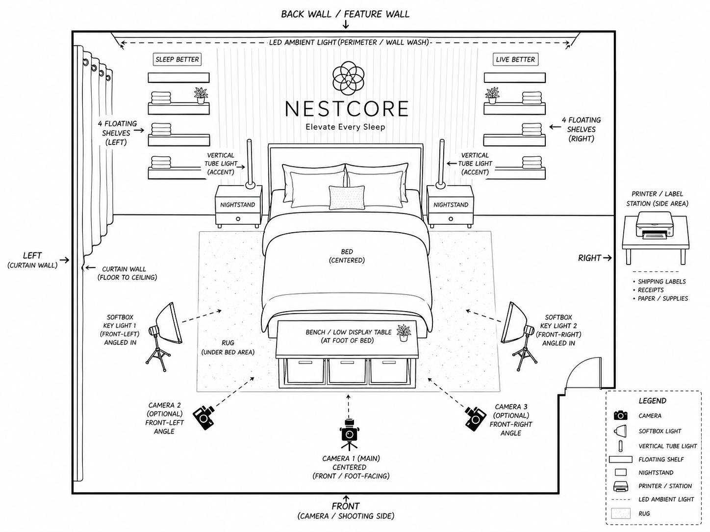 Remote studio layout render showing camera, lighting, shelving and shipping station placement